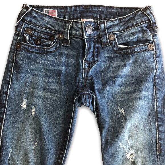 True Religion Jeans Distressed Frayed Julie Super T 25 Dark Wash 34.5" Inseam - Picture 3 of 12